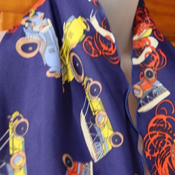 Vintage Neck Scarf Bow Scarf Red Headed Lady & Old Cars Whimsical Avant Guarde - Picture 8 of 10